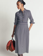 Etta Piping Detail Ponte Dress-Navy, Ivory Stripe