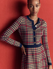 Crew Neck Jacquard Dress-Navy, Camel, Red Check