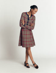 Crew Neck Jacquard Dress-Navy, Camel, Red Check