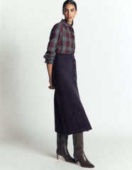 Val Button Cord Midi Skirt-Navy