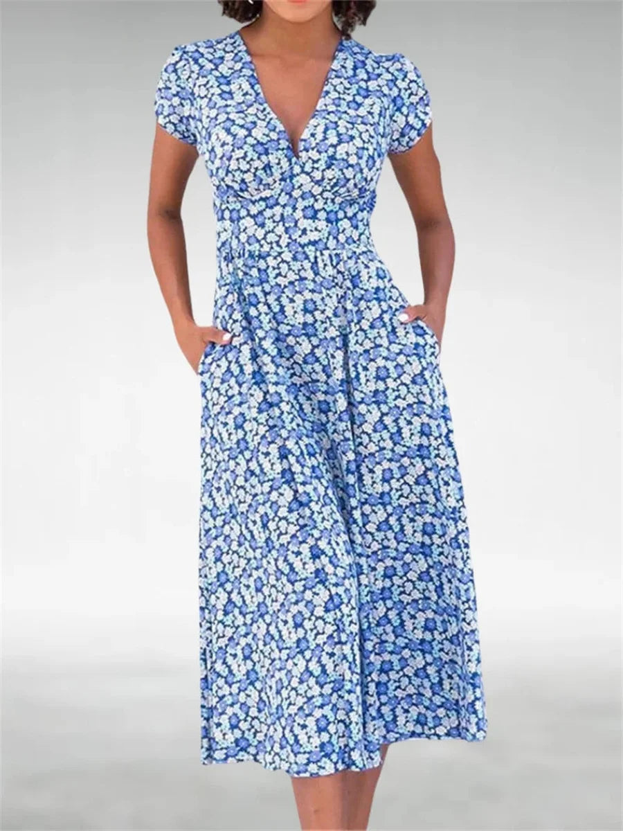 Blue Floral V-Neck Short Sleeve Midi Dress with Pockets