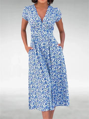 Blue Floral V-Neck Short Sleeve Midi Dress with Pockets
