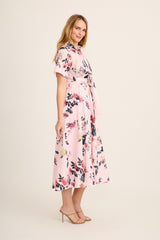 Blooming Poise Maxi Shirt Dress in Pink Floral Linen Blend