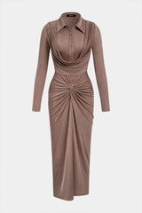 Lapel Twist Knot Ruched Button Long Sleeve Maxi Dress