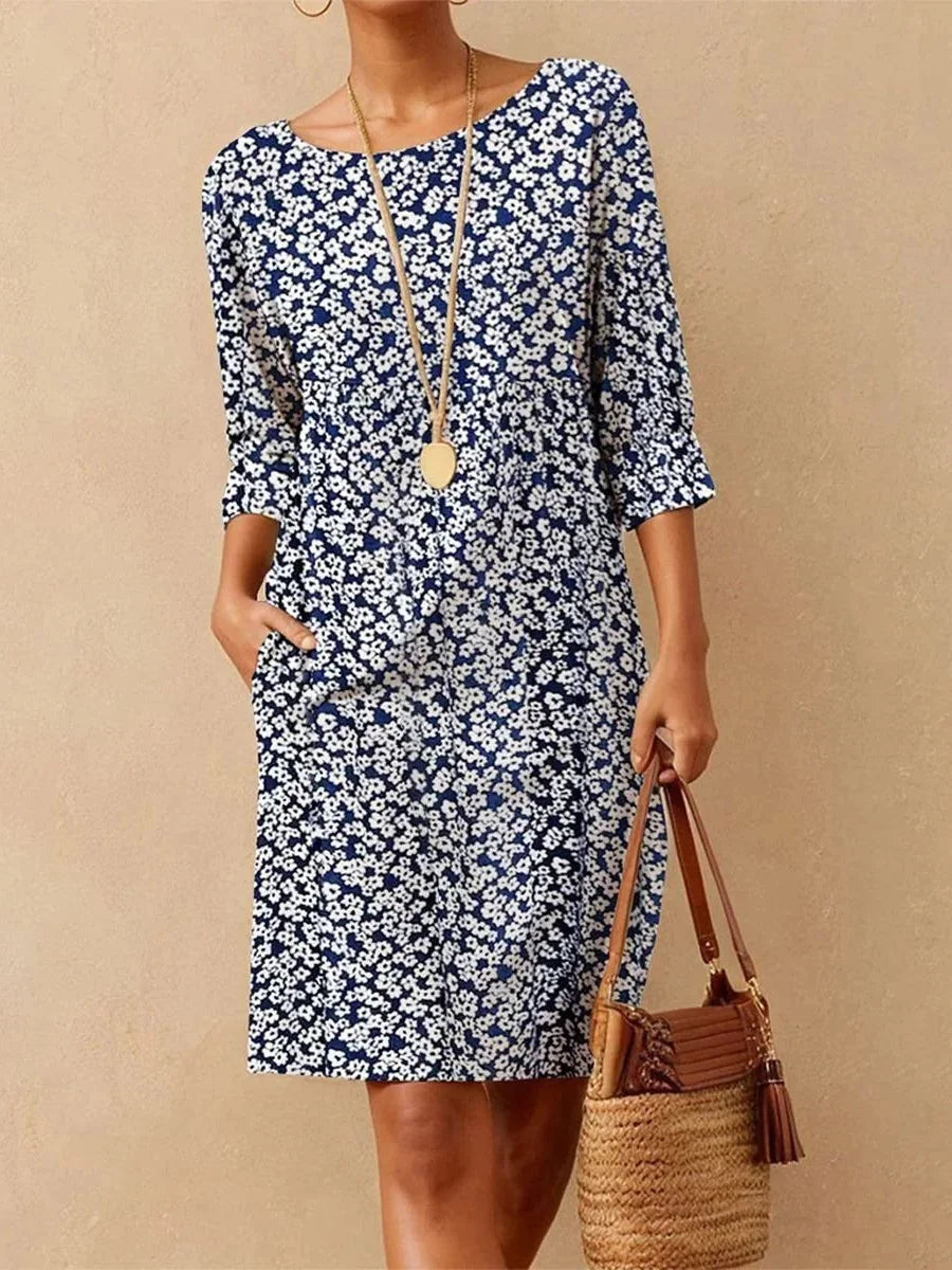 Blue Round Neck 3/4 Sleeve Ditsy Floral Shift Dress