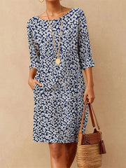 Blue Round Neck 3/4 Sleeve Ditsy Floral Shift Dress