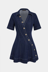 Denim V-Neck Asymmetrical  Button Stitching Short Sleeve Mini Dress