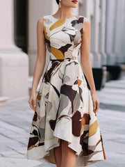 Artistic Abstract Print Round Neck Sleeveless Midi Dress