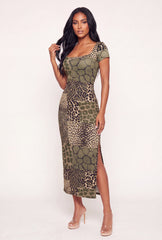 Animal Print Square Neck Side Slit Maxi Dress