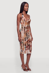 Bead Detail Patterned Mesh Tie Back Halter Dress