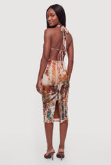 Bead Detail Patterned Mesh Tie Back Halter Dress