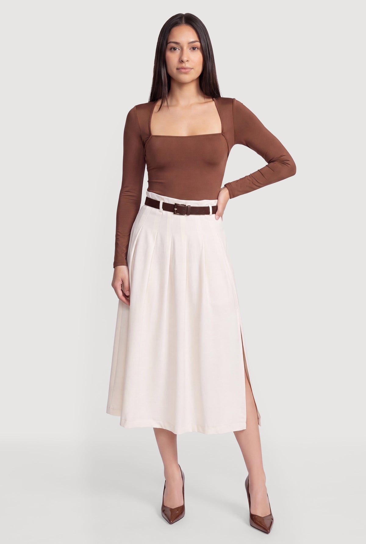 Belted Side Slit Midi Skirt