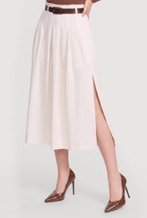 Belted Side Slit Midi Skirt
