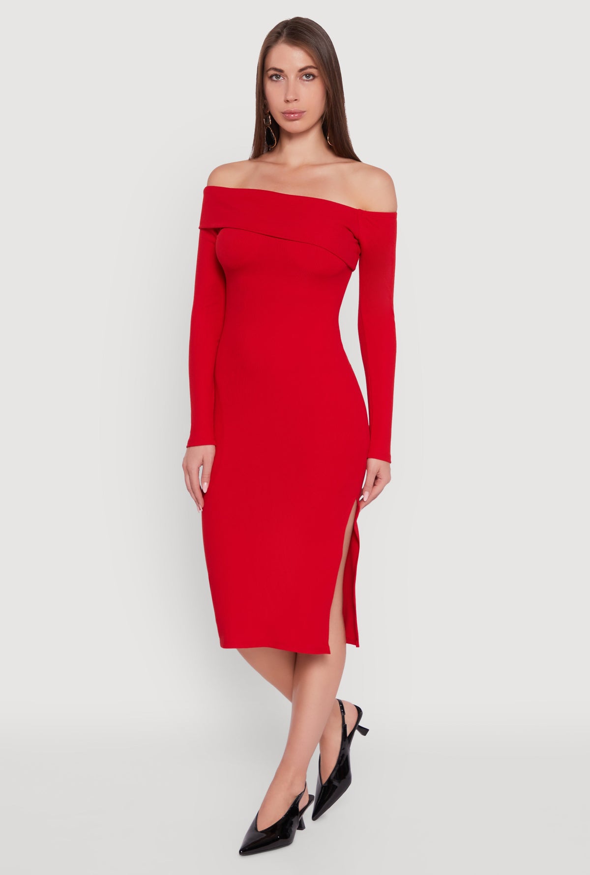 Asymmetrical Fold Over Off The Shoulder Side Slit Dress