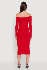Asymmetrical Fold Over Off The Shoulder Side Slit Dress