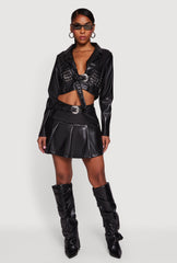 Belted Faux Leather Drop Waist Pleated Skirt