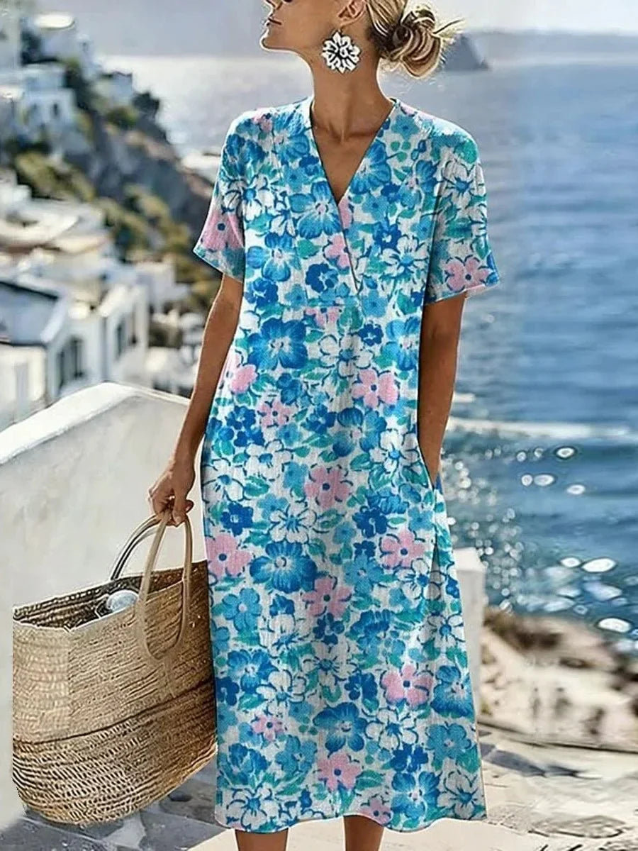 Blue Floral Print V-Neck Short Sleeve Dress