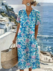 Blue Floral Print V-Neck Short Sleeve Dress