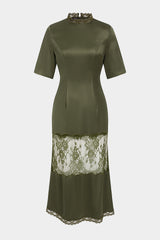 Satin Patchwork Lace Short Sleeve Maxi Dress