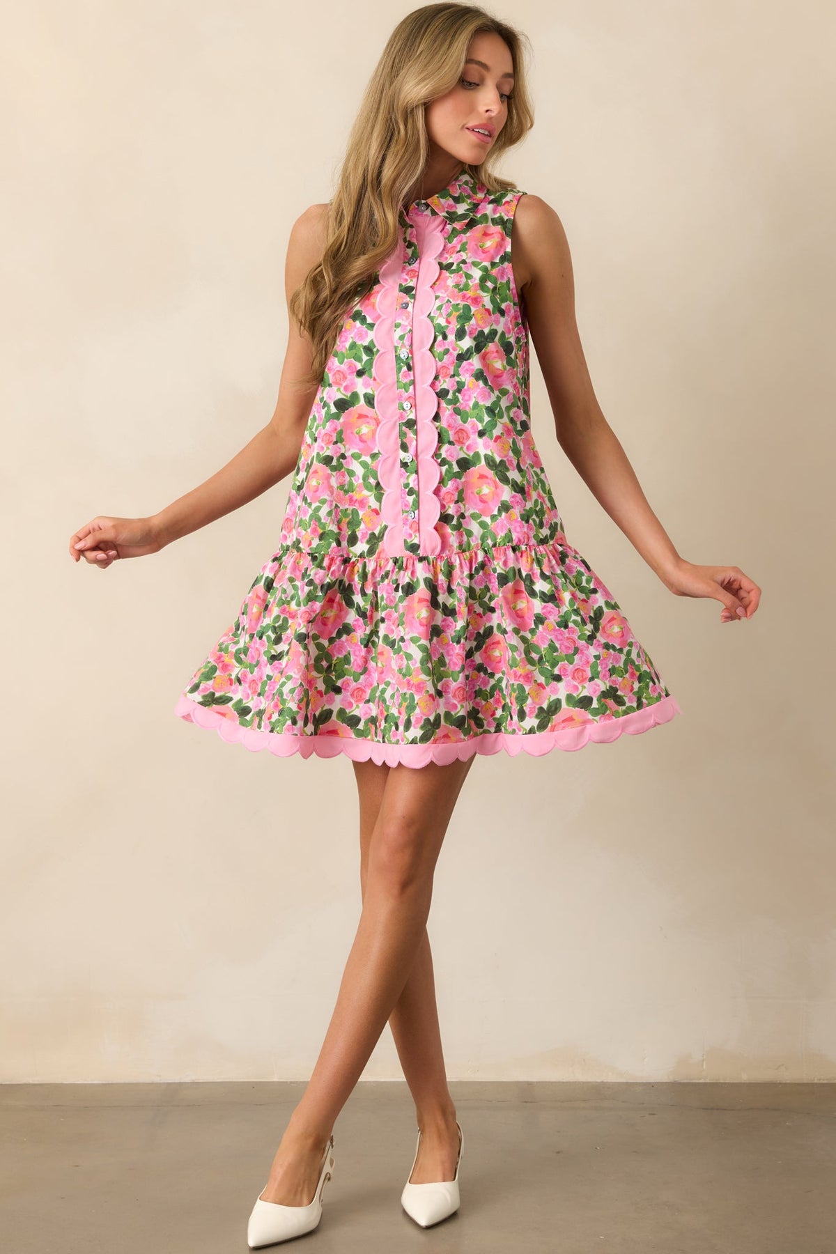 A Day To Remember Pink Floral Cotton Mini Shirt Dress