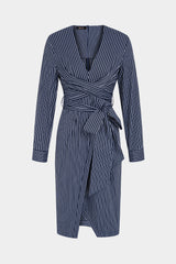 Stripes Print Crossed Knotted Long Sleeve Midi Dress