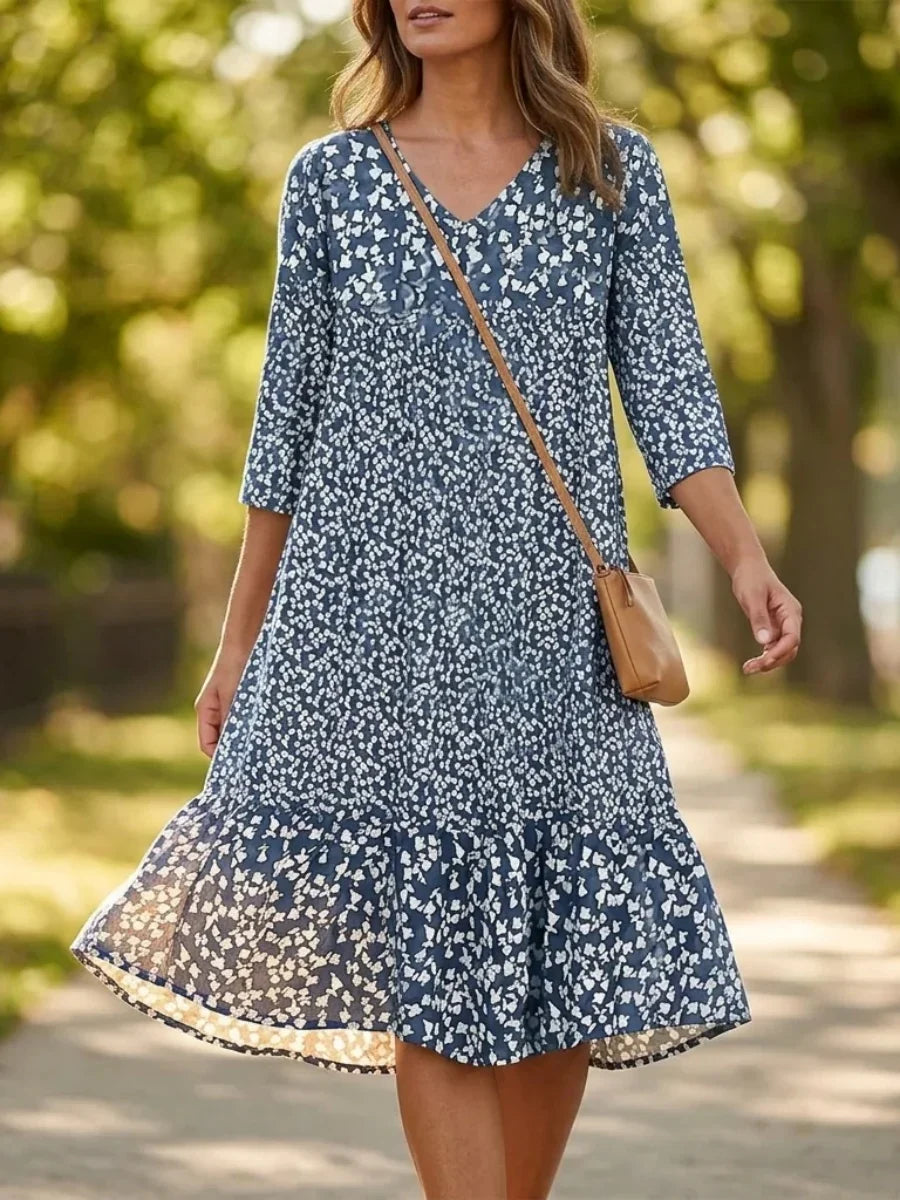 Blue Floral Print V-neck 3/4 Sleeve Ruffle Hem Midi Dress