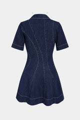 Denim V-Neck Asymmetrical  Button Stitching Short Sleeve Mini Dress