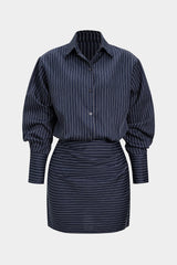 Stripes Print Pleated Ruched Shoulder Pads Long Sleeve Mini Dress