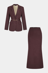 Notched Lapel Belted Pocket Blazer And Skirt Set