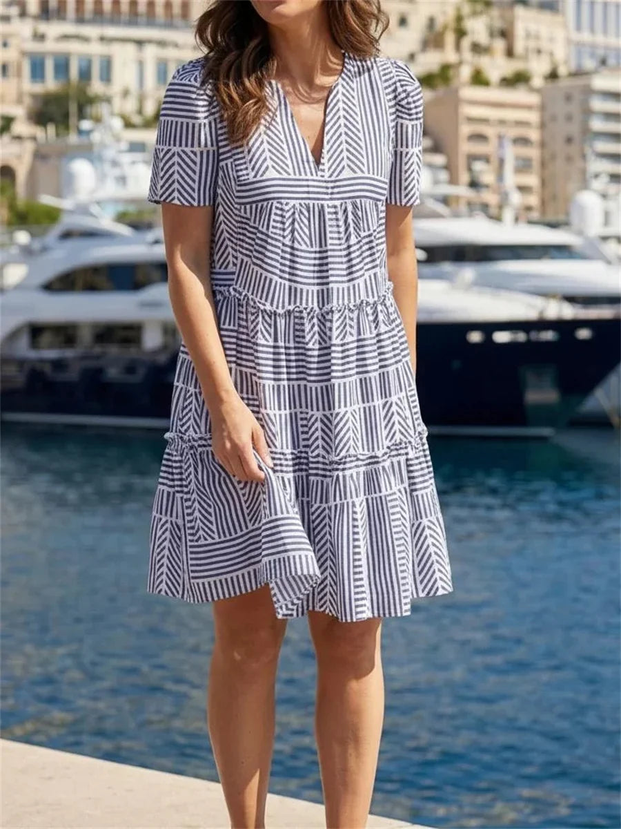 Blue Geometric Print Tiered V-neck Short Sleeve Mini Dress