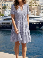 Blue Geometric Print Tiered V-neck Short Sleeve Mini Dress