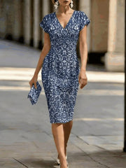 Blue Floral Print V-neck Short Sleeve Sheath Dress