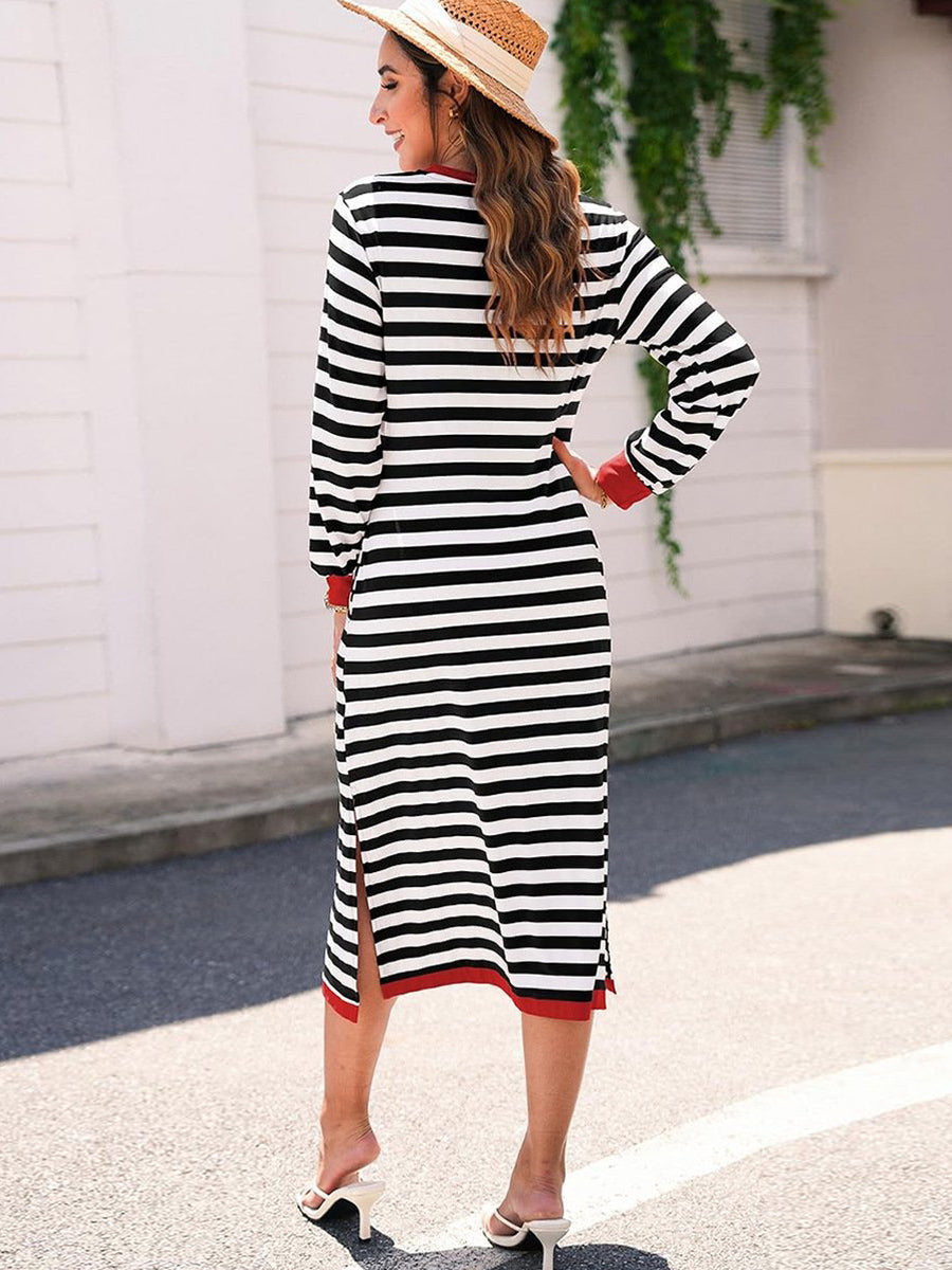 Black Striped Long Sleeve Maxi Dress