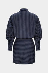 Stripes Print Pleated Ruched Shoulder Pads Long Sleeve Mini Dress