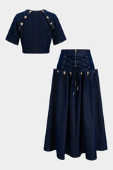 Denim Metallic Button Short Sleeve Top  And Tie-Up Skirt Set
