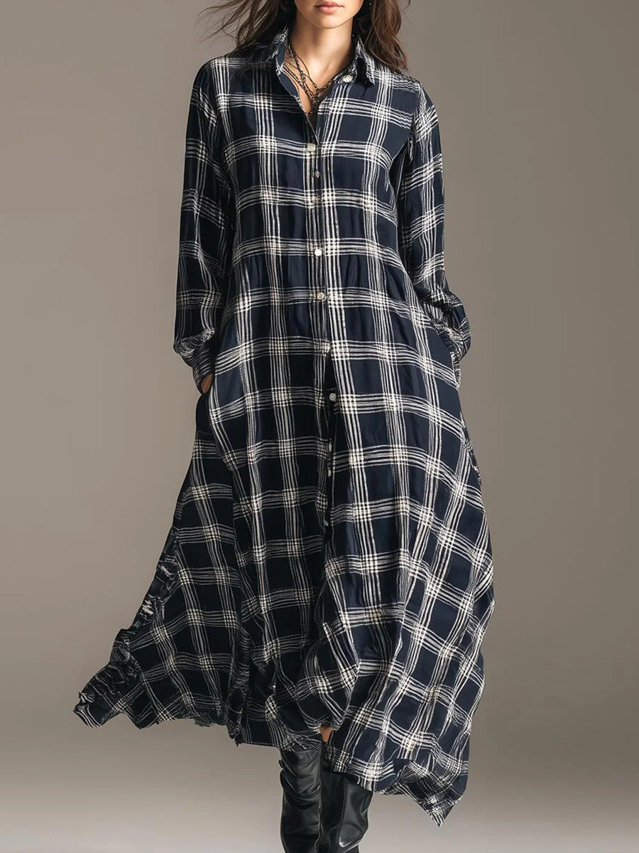 Blue Plaid Long Sleeve Maxi Shirt Dress