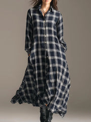 Blue Plaid Long Sleeve Maxi Shirt Dress