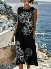 Black Spiral Print Round Neck Sleeveless Pocket Midi Dress