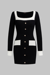 Knit Contrast Square Neck Metallic Button Long Sleeve Mini Dress
