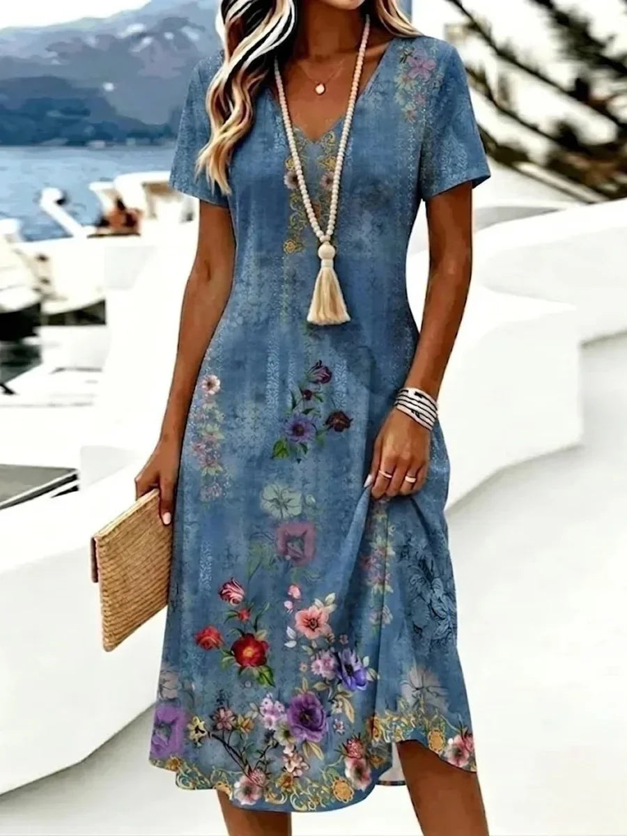 Blue Floral Print V-Neck Short-Sleeve Midi Dress