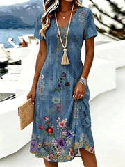 Blue Floral Print V-Neck Short-Sleeve Midi Dress