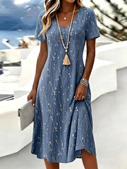 Blue Leaf Print V-Neck Short Sleeve Midi Dress