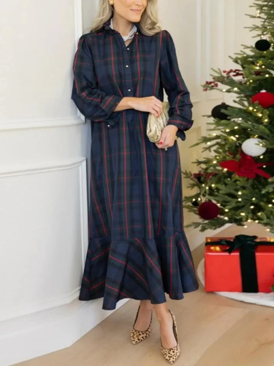 Blue Long Sleeve Plaid Shirt Midi Dress
