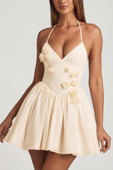 Halterneck Floral-Appliqu¨¦ Corset Mini Dress in Ivory