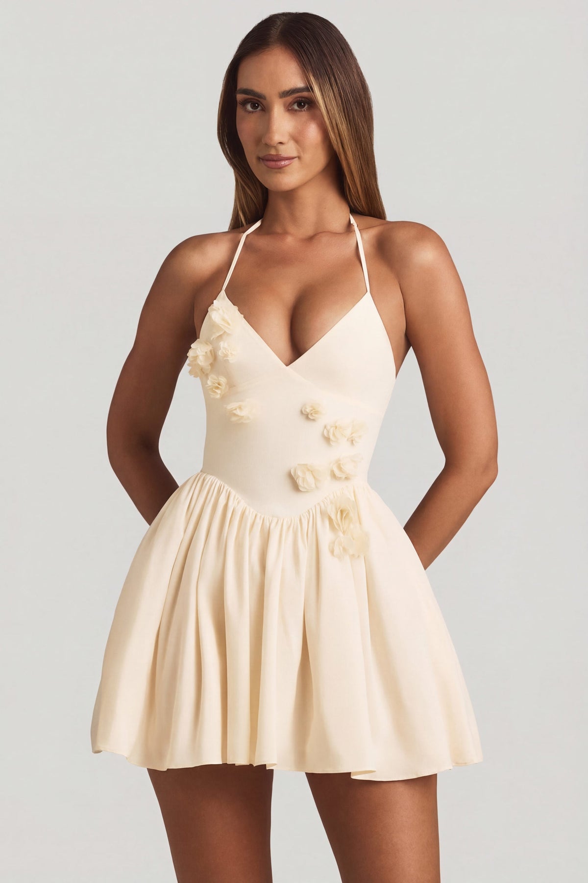 Halterneck Floral-Appliqu¨¦ Corset Mini Dress in Ivory