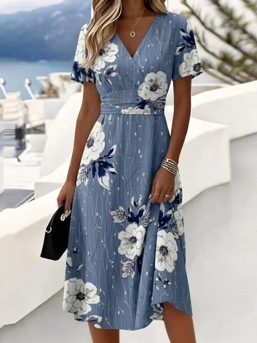 Blue Floral Print V-neck Short Sleeve Wrap Waist Midi Dress