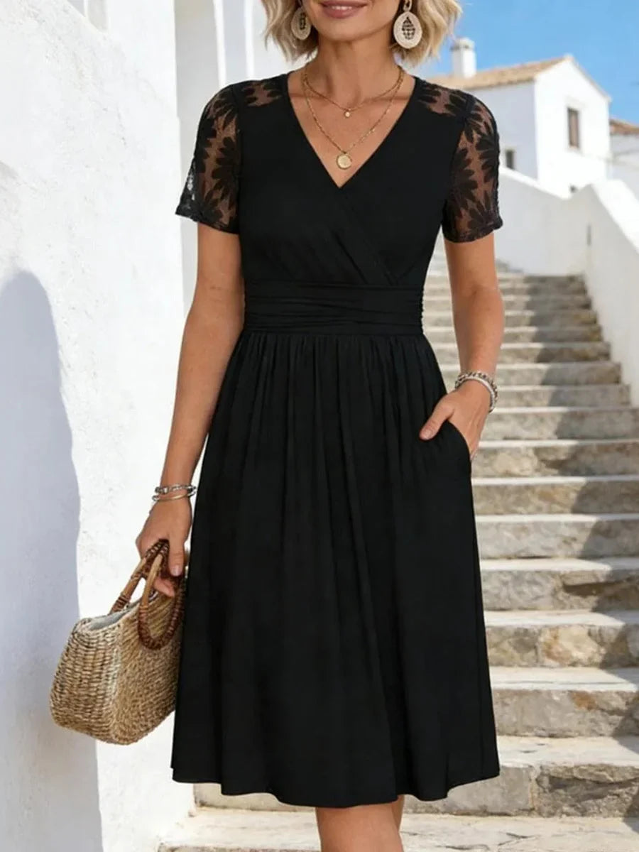 Black V-Neck Short Sleeve Midi Dress