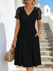 Black V-Neck Short Sleeve Midi Dress
