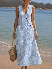Blue Floral Print Sleeveless Button-Front Midi Dress