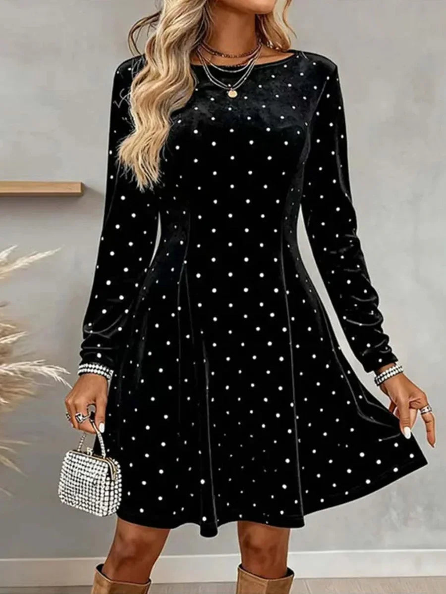 Black Polka Dot Long Sleeve Round Neck Mini Dress